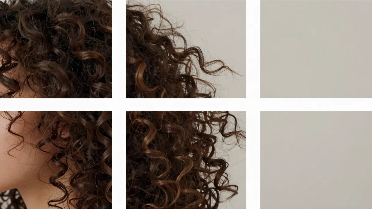 Close up of curly hair texture, soft studio lighting, elegant framing