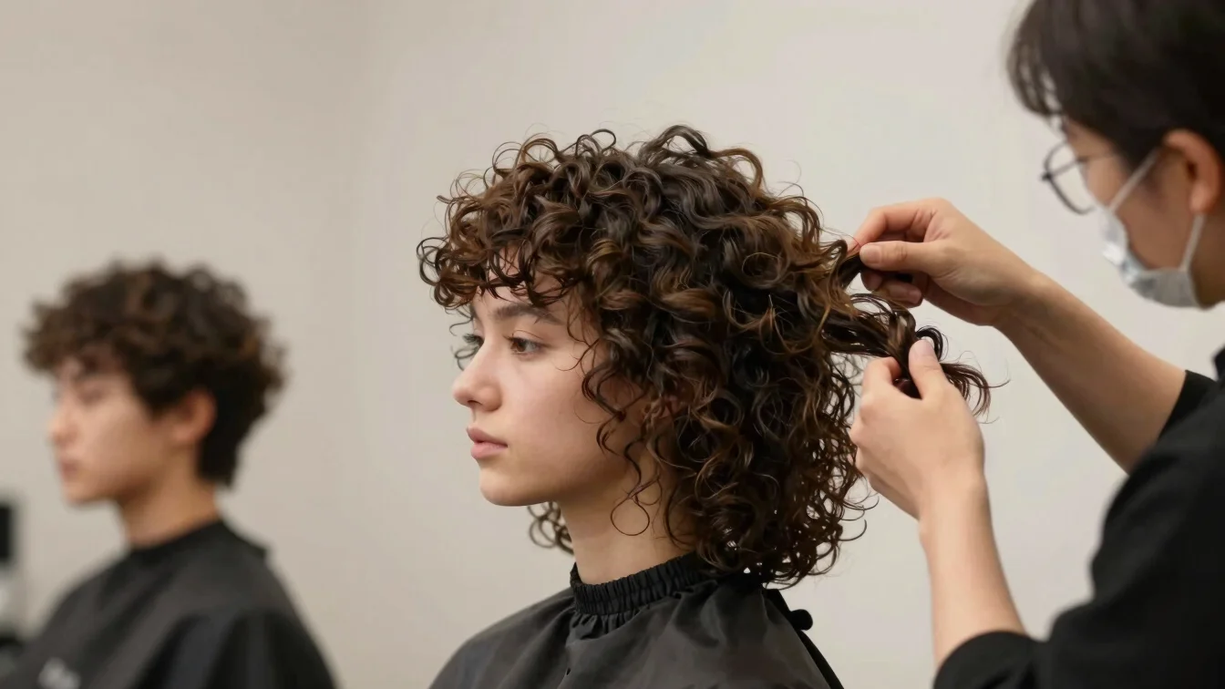 Professional hair styling education setting, editorial framing, soft light